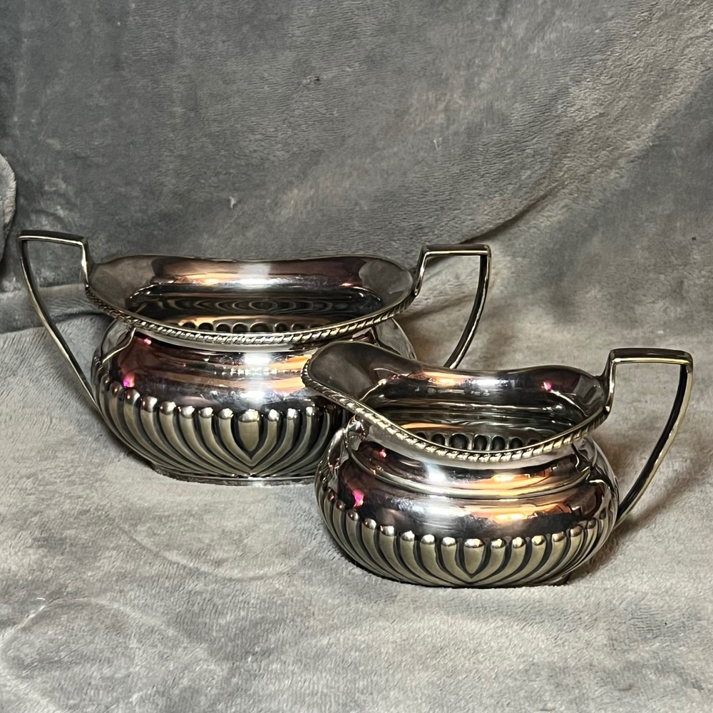 Vintage Bell Mark Silverplate Sugar Creamer Set Art Deco Ribbed Tea Service
